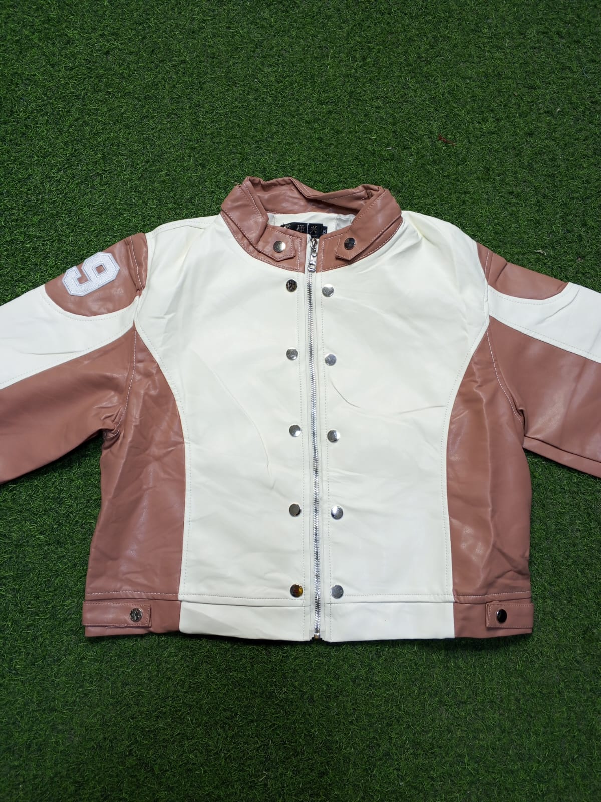 Women's Y2K Color-Block Faux-Leather Cropped Varsity Bomber Jacket.