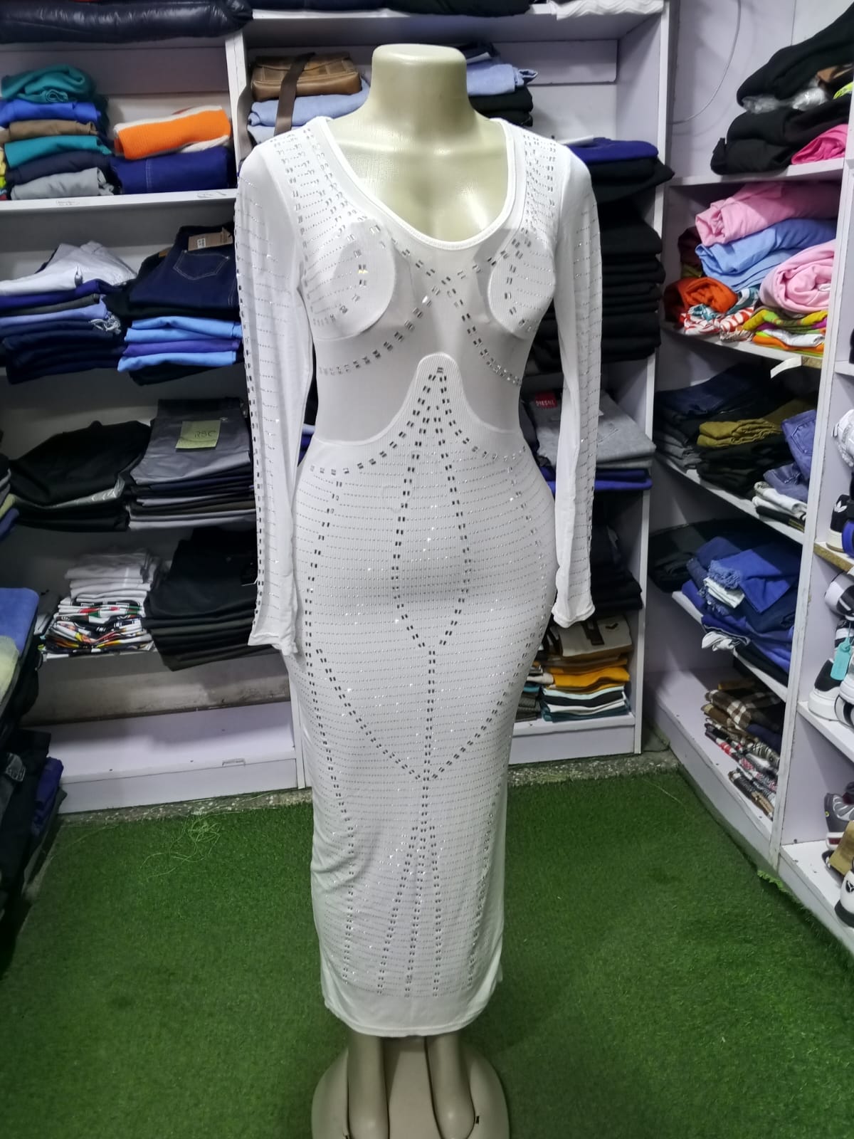 White Rhinestone Mesh Bodycon Dress
