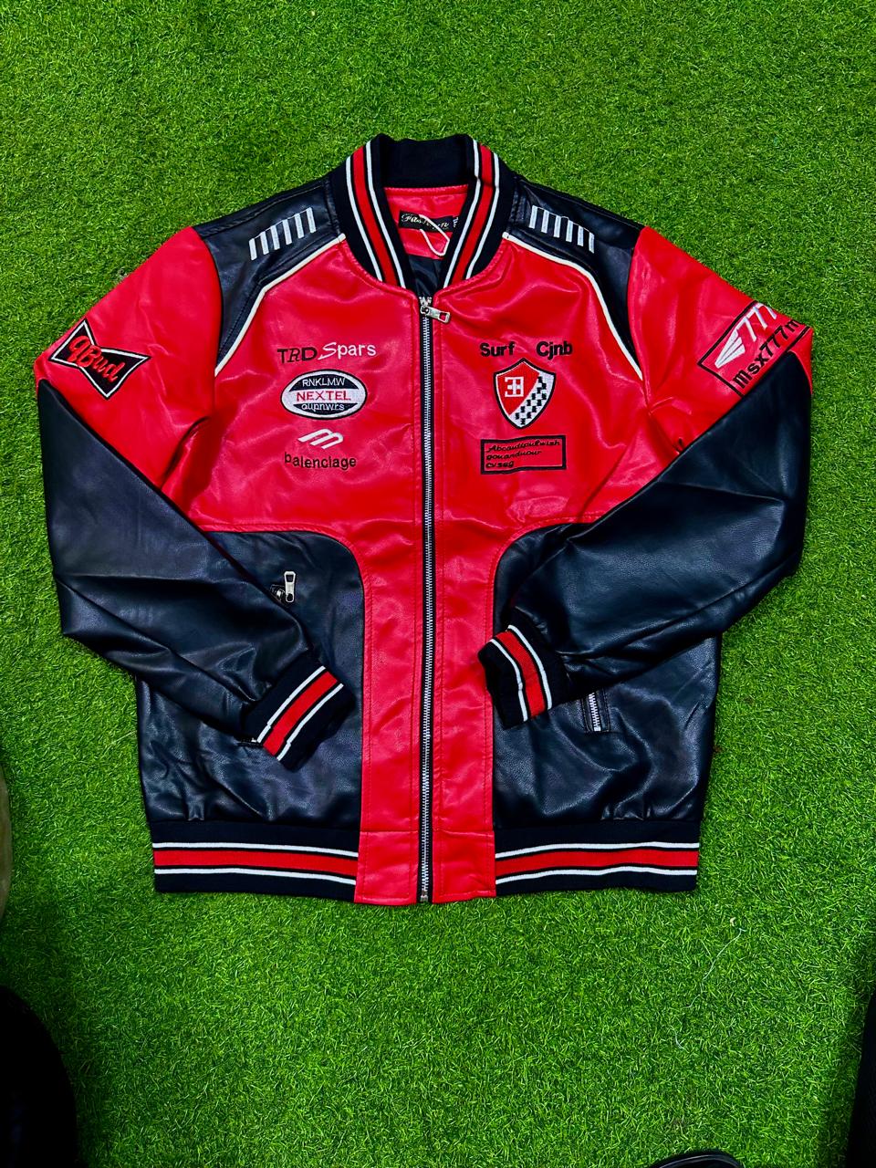 Men's Red and Black Faux Leather Racing Jacket.